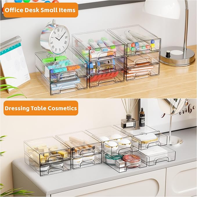 2.2'' Tall Acrylic Clear Stackable Storage Drawer Organizer,8 Pack Desk Organization and Storage,Plastic Office Supply Organizer,Drawer Storage Organizer for Makeup,Accessory,Pen,Art Crafts