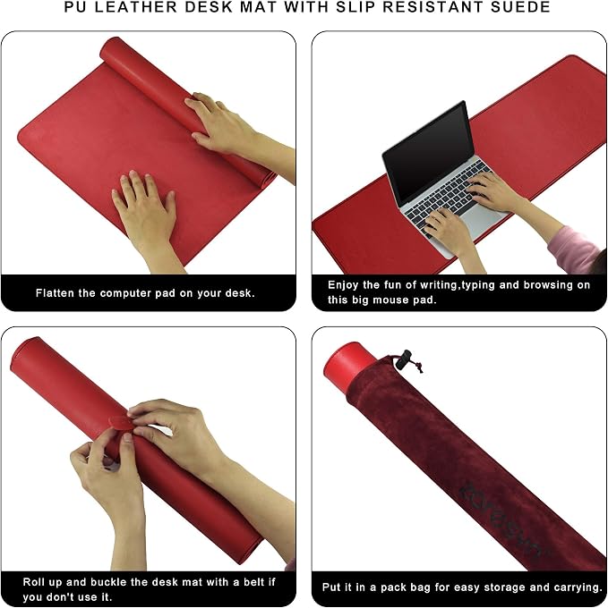 ZORESYN Extra Large Desk Mat, 78.7 x 35.4 Inch PU Leather Conference Table Protector, Waterproof Non-Slip Extended Desk Pad, Dual Zone Writing Mouse Pad for Office Home Dining Workstation Red
