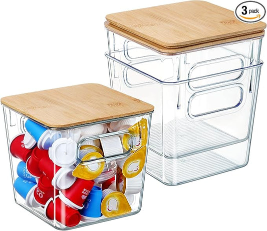 K Cup Holder Coffee Pod Organizer Large Capacity Clear Storage Container Bins with Bamboo Lids for Coffee Bar Organization and Storage (3 PACK)
