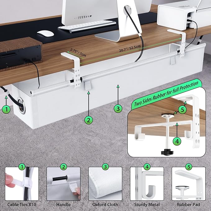 KEEGH Under Desk Cable Management Tray 36", No Drill Cord Organizer, White | Heavy Duty, Large Capacity, 3-Level Clamp Fit 0"-2.5" Desks, Clamp/Screw Mount, for Home, Office, Gaming, Room, Studio