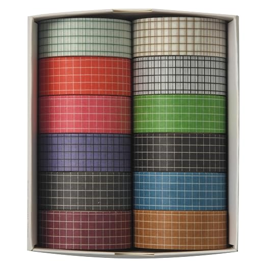 12 Rolls Grid Washi Tape Set Plaid Arts Adhesive Tapes Basic Patterns Decorative Masking Tape Sets for Craft, Kids, Scrapbook, DIY, Gift Wrapping (Style One)