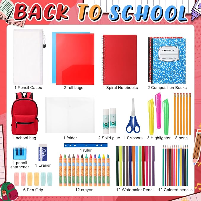 Gilprop 79 Pcs Back to School Supplies Box for Kids K-5 Students Elementary Middle School Supplies Kit Bundle Bulk Essential Pen Notebook Stationery for Primary Student Classroom(Red)