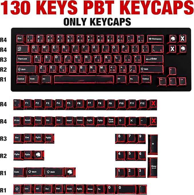 Japanese Manga Keycaps 130 Keys, Custom PBT Black and Red Keycaps, Cherry Profile Dye Sub Keycap Set Fit for 61/64/87/104/108 Cherry MX Switches Mechanical Keyboard