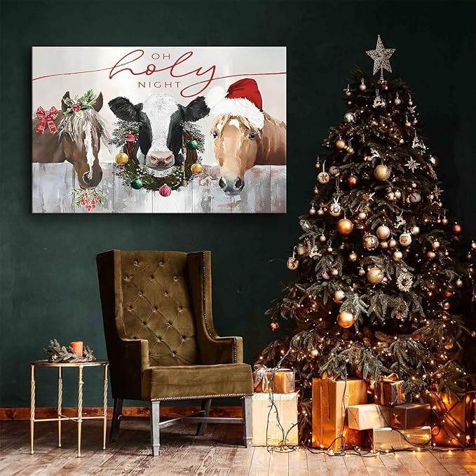 Farmhouse Animals Wall Art Cute Country Farm Horse Cow Canvas Prints Framed Artwork Christmas Accent Decoration for Bedroom Living Room Retro Abstract Barn Poster Xmas Holiday Party Home Decor 32x48