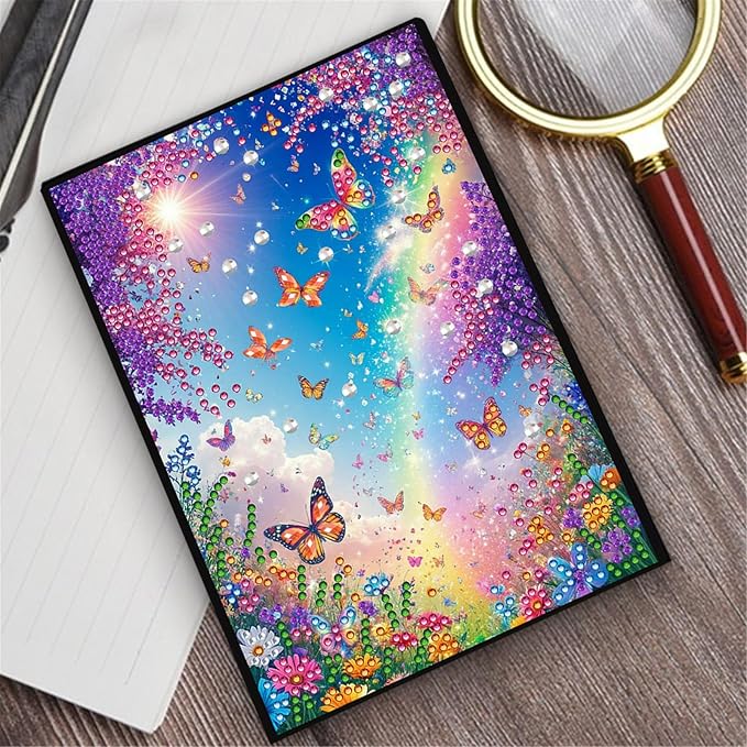 FRANDEK Diamond Art Painting Notebook Kit, Colorful Butterfly A5 DIY Journal with 50 Blank Pages, Crystal Rhinestone Cover with Waterproof Canvas, Beginner Craft Set with Full Tools for Adults