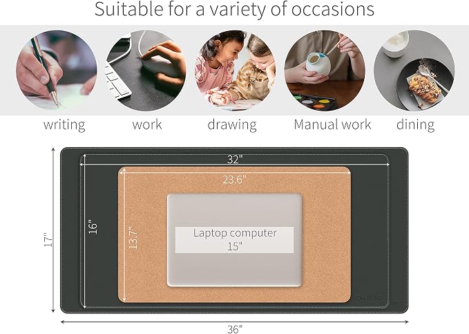 RENMTURE Dual-Sided Mouse Pad, Natural Cork & PU Leather Large Desk Pad for Office and Home Work, Desk Protector Non-Slip, Waterproof, Easy Clean (Black, 36"x17")