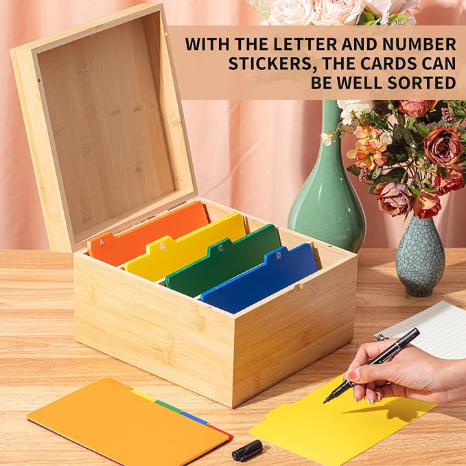 5 x 8 Inch Index Card Holder Set, Bamboo Organizer Box with 50 Dividers & 2 Sheets Alphabet Number Stickers File Note Holders, Holds 1200 Cards for Office Business Home Kitchen, Wooden Color