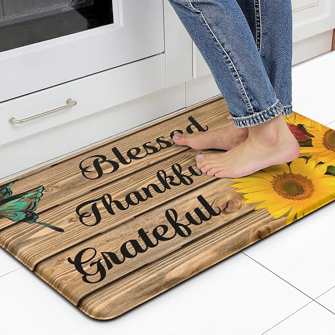 Farmhouse Sunflower Kitchen Decor Mat, Cushioned Anti Fatigue | Farmhouse Kitchen Decor,Cushioned Comfort,Non-Slip Backing,Waterproof Surface,Easy Clean,Kitchen Sink,Laundry