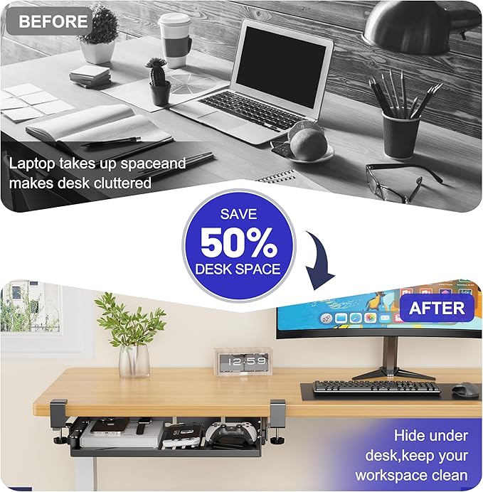 BYMECOST Sliding No Drill Under Desk Laptop Mount, Metal Storage Shelf | Slide Out Laptop Storage Tray for Macbook, Mac Mini, Anti-scratch Silicone, fits Office, Gaming, Workstations