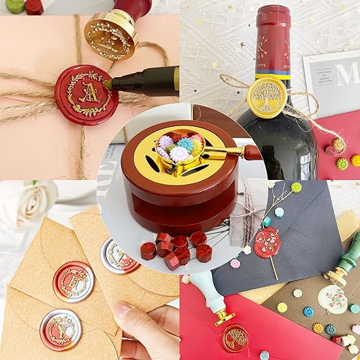 Red Brown Wax Seal Warmer Furnace Kit with Spoon & Stir Stick and Tealight Candles Set for Wedding Wax Envelope Seal Stamp (Red)