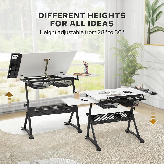 Athena Collection Drafting Table for Artists, Height Adjustable Drawing Table, Dual Desktop Art Desk Metal Frame Art Table Tiltable Craft Desk Paintings Work Station with Stool and Drawers, White