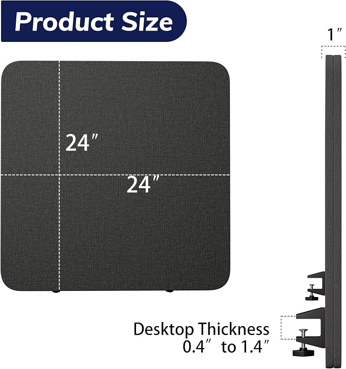 Desk Privacy Panel 24 x 24 Inch,Sound Absorbing & Proof Desk Divider for Office, Clamp-on/Screw-on Acoustic Desk Back Panel Partition, Dark Gray