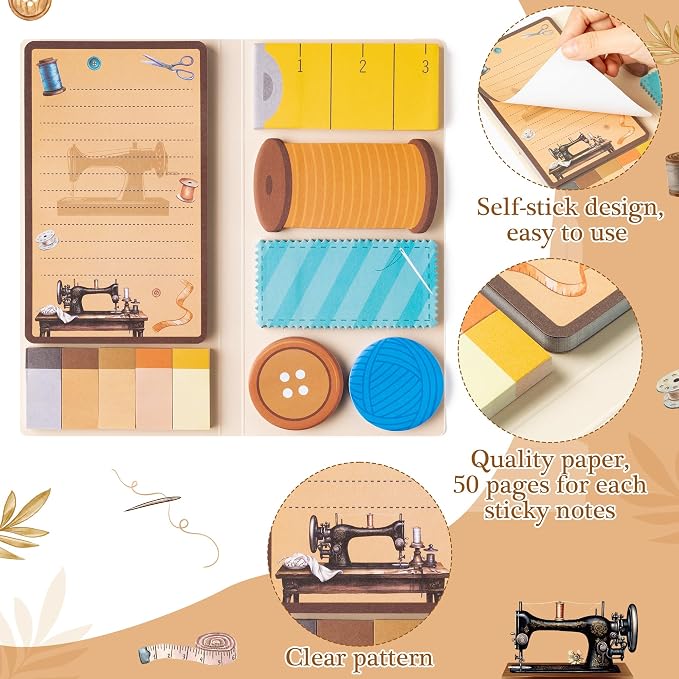 Xqumoi Retro Sewing Sticky Notes Set - Any Day Spent Sewing is A Good Day Self-Stick Note Pads Teacher Appreciation Notepads Writing Memo Pad Page Marker Back to School Office Supplies, 550 Sheets