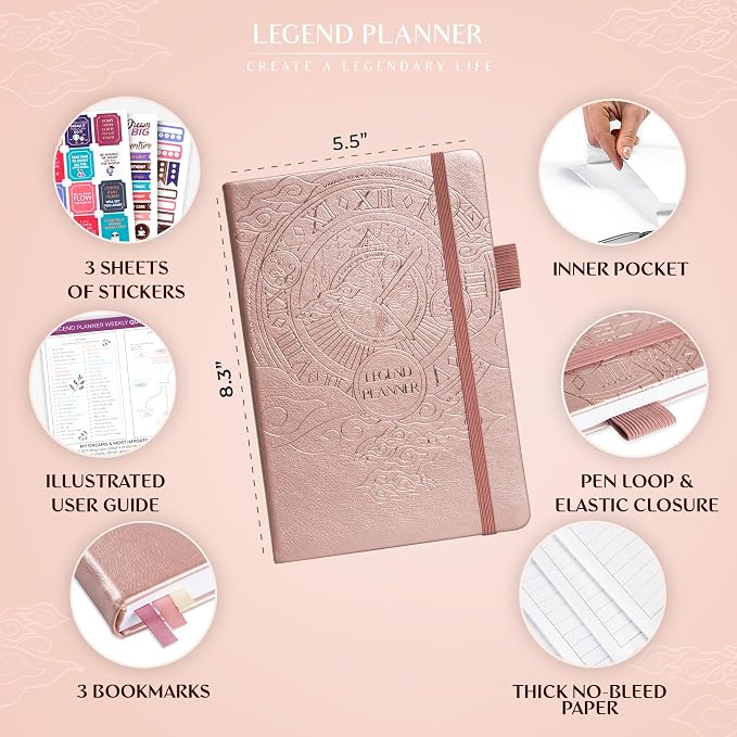 Legend Undated Weekly Planner – Goal Planner Journal & Organizer Notebook – Agenda Book with Monthly Calendar & To-Do List, A5 (Rose Gold, Gold)