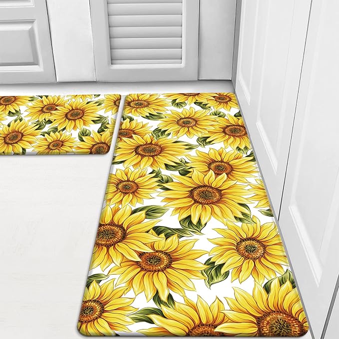 HEBE Fall Kitchen Mat Set of 2, Anti Fatigue Kitchen Mats for Floor | Cushioned Non Slip Autumn Kitchen Rugs and Runner Set, Waterproof Sunflower Floor Carpet for Harvest Thanksgiving