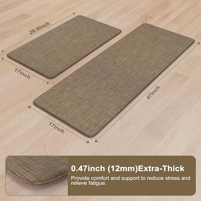 Collive Kitchen Mat 2PCS Cushioned, Anti Fatigue Kitchen Mats for Floor Waterproof Kitchens Rug, Non Skid Comfort Standing Carpet for Home Office, Sink, Desk, 17"×29"+17"×47",Tan