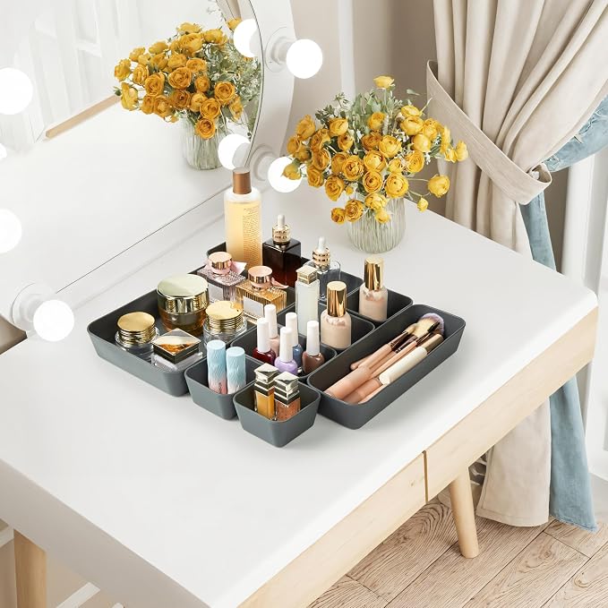 ISSEVE 8Pcs Silicone Drawer Organizer Trays for Bathroom, 4 Sizes, Black | For Vanity, Desk, Nightstand, Makeup, Jewelry, Toiletries, and Office Small Items, Nesting Organizer Trays, Drawer Organizer