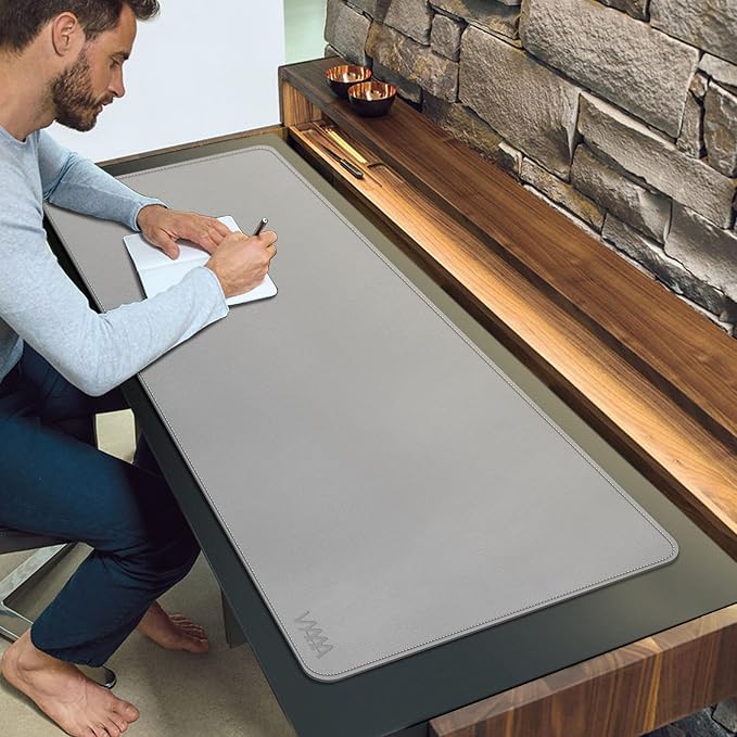 Vyaaa 55"x24"PU Leather Desk Mat, Large Desk Pad & Mouse Pad, Waterproof Office Desk Mat for Home Office, Gaming, Writing,Computer Desk Protector (Light Gray)
