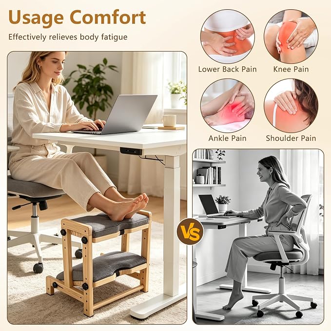 Foot Rest for Under Desk, Double Layer Wooden Foot Stool with 4 Heights Each Layer, Ergonomic Office Gaming Footrest, Wide Anti-Slip Platform with Removable Cushion (Natural Wood)