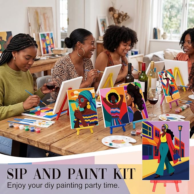 Blosssound 10 Set Pre Printed Canvas Pre Drawn Canvas Painting with Easel Kits 5" x 7" Outline Painting Panels for Beginners, DIY Craft Project, Party Favor, Home Decors(Modern Lady)