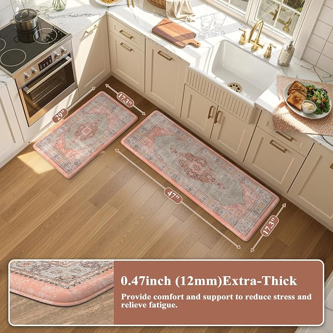 Collive Boho Kitchen Mats for Floor Cushioned, Anti Fatigue Waterproof Kitchen Rug Set of 2 Non Skid Comfort Standing Mat for Office, Sink, Laundry, 17.3"x29"+17.3"x47"(Coral & Greige)