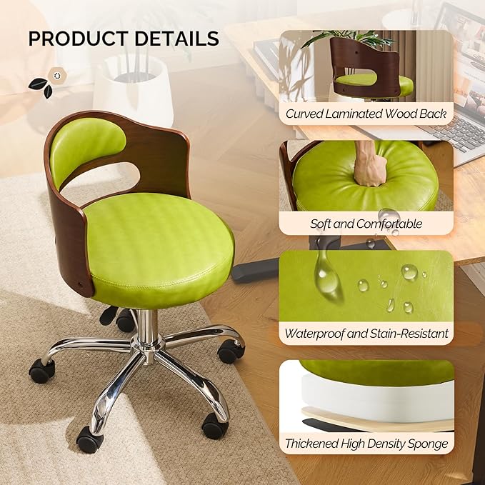VINGLI Armless Home Office Desk Chair, Adjustable Swivel Chair,Dual-Use with/no Wheels,Small Retro Designed Walnut Curved Task Chair,Cushioned Nail Tech Chair for Study Area,Workspace,PU,Grass Green
