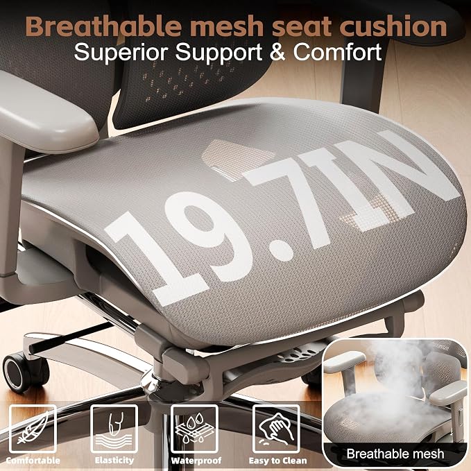 Vonesse Ergonomic Office Chair,Desk Chair with Adjustable 3D Headrest and Armrests, Gaming Chair with Dynamic Lumbar Support & Adjustable Depth Breathable Mesh Seat (Grey)