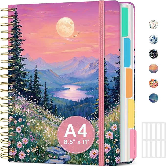 Large Spiral Lined Notebooks for Work with Removable Dividers & Tabs, 8.5"x11" Pretty Hardcover 5 Subject Notebook Journal for Women, College Ruled, for Study & Office, 280 Pages, Lavender Horizon