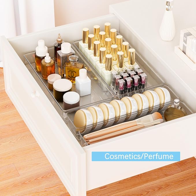 3 Pack Clear Plastic Drawer Organizer Tray Cutlery Utensil Makeups Drawer Silverware Organizers 12" X 6"&12＂X3＂(9Pack)