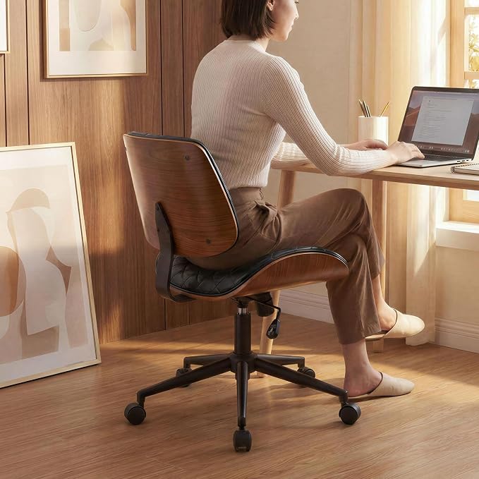 Furnimart Wooden Armless Desk Chair with Wheels, 360° Swivel Faux Leather Vanity Chair for Bedroom, Small Office Computer Task Chair for Home & Compact Spaces (PU Black)