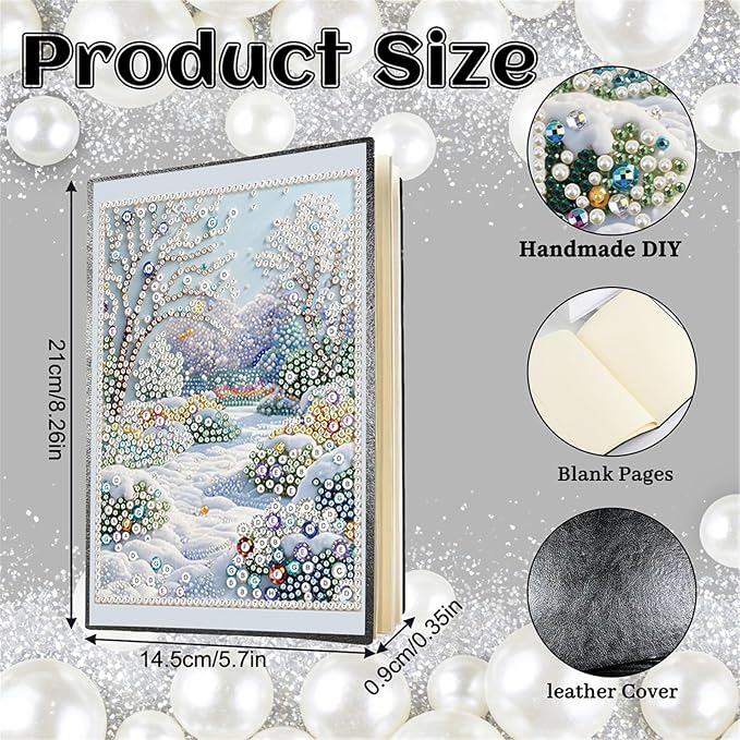 FRANDEK Pearl Painting Notebook Kit, Winter Forest A5 DIY Journal with 50 Blank Pages, Diamond Gem Art Cover with Waterproof Canvas, Beginner Craft Set with Full Tools for Adults