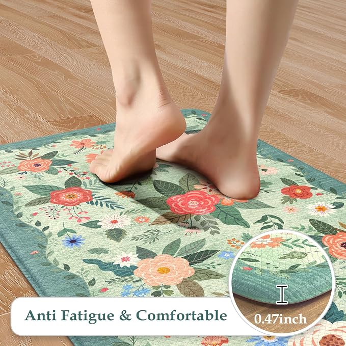 KIMODE Kitchen Mats for Floor Cushioned Anti Fatigue, Green Boho Flower Rug | 20"x47"+20"x32" Rugs for Kitchen Floor,Floral Kitchen Rugs Sets of 2,Comfort Kitchen Floor Mats,Standing Desk Mat for Sink