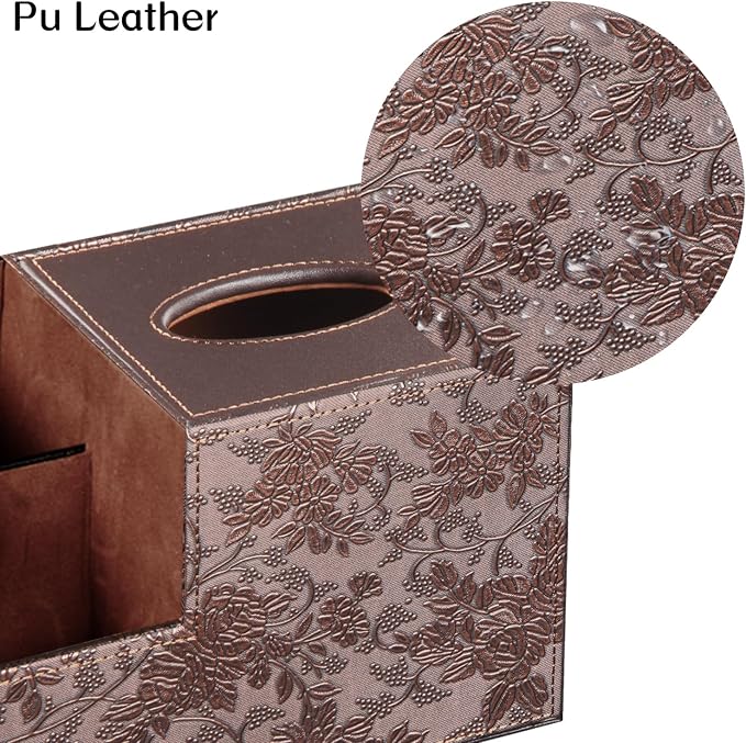 Square Tissue Box Cover with Storage, PU Leather Facial Cube Tissue Holder | TV Remote Control Holder, Desk Accessories Nightstand Organizer, Modern Table Caddy for Bathroom, Bedroom, Home, Office Decor