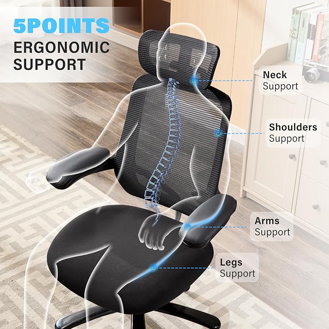 500lbs Big and Tall Office Chair - Heavy Duty Mesh Ergonomic Desk Chair with Headrest, High Back Computer Chair - Flip-up Armrests, Wide Thick Seat Cushion, Quiet Wheels, Black