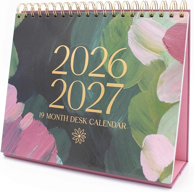 bloom daily planners 2026 Standing Flip Desk Calendar - 8” x 10” Monthly Organizer (January 2026 - July 2027) 19 Month Desktop Blotter - Paint Strokes