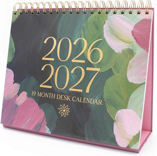 bloom daily planners 2026 Standing Flip Desk Calendar - 8” x 10” Monthly Organizer (January 2026 - July 2027) 19 Month Desktop Blotter - Paint Strokes