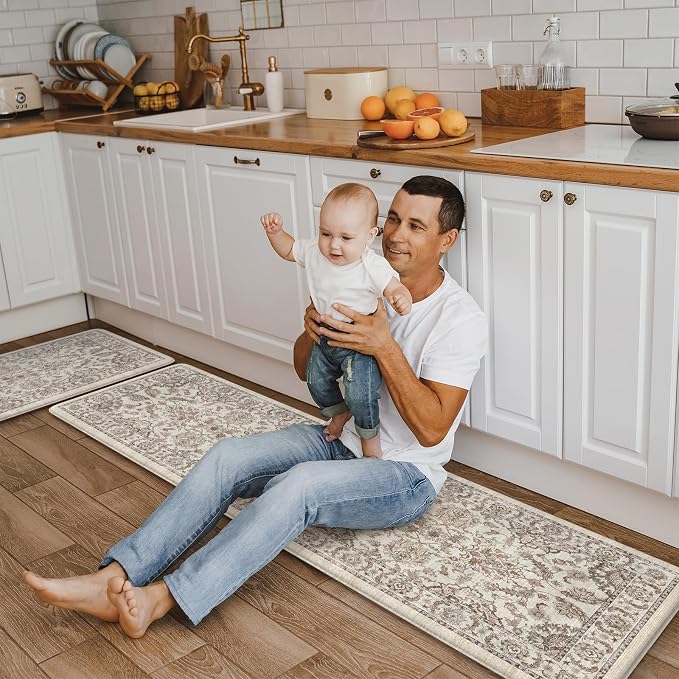 KIMODE Anti Fatigue Kitchen Mats for Floor Cushioned Kitchen Rugs Sets of 2 | 17"x59"+17"x29",Vintage Floral,Khaki,Non-slip,Waterproof,Kitchen Rug,Comfort Foam Paded Mat for Floors Office Laundry Sink