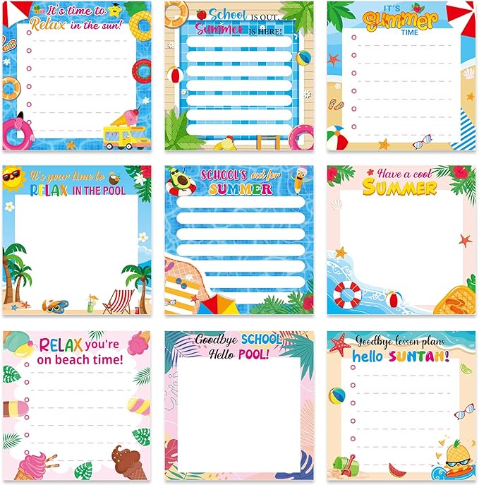 End of the Year Sticky Notes Gifts, 9 Pack Schools Out for Summer Notepads 3x3 Inches, End of School Year Self-Adhesive Memo Pads, Summer Office Study Supplies Rewards (450 Sheets)