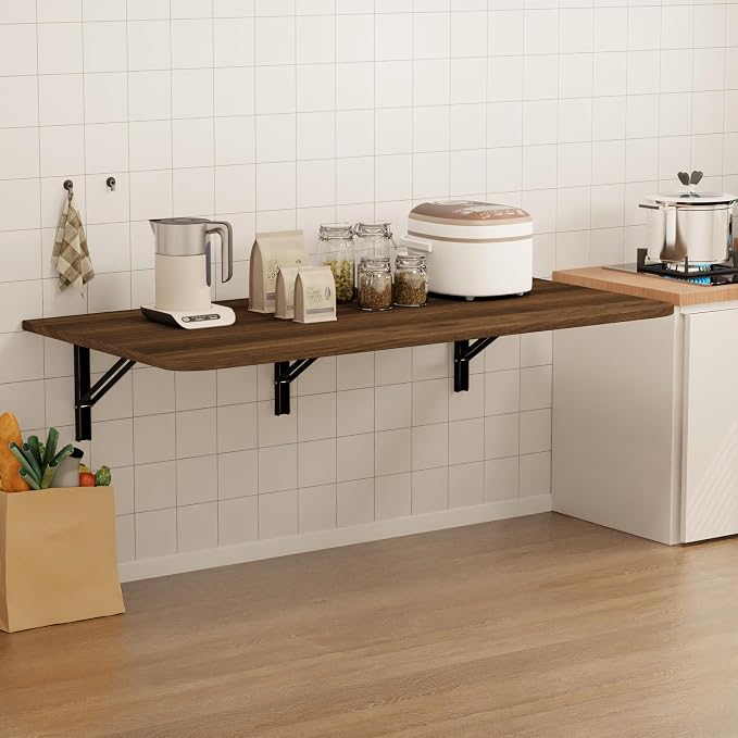 IAE Wall Mounted Floating Foldable Desk, 48" x 22" Folding Computer Workstation Table with Engineered Wood and Metal Shelf Brackets,Fold&Floating Design for Home Office, Apartment,Laundry Room,Walnut
