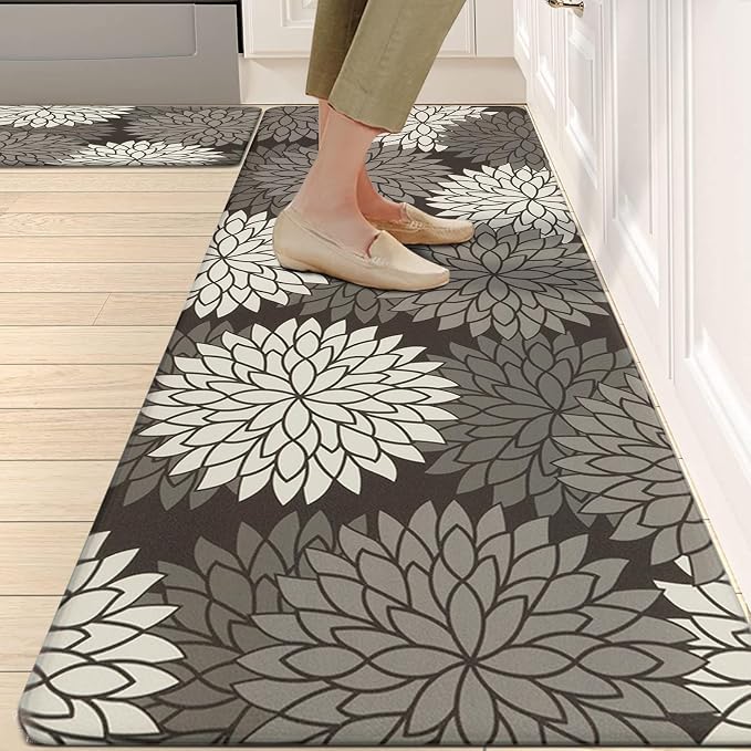HEBE Anti Fatigue Kitchen Rugs Set of 2, Cushioned Kitchen Mats for Floor | Non Slip Washable Kitchen Runner Rug Set, Floral Stain Resistant Waterproof Comfort Mat Carpet for Sink, Standing Desk