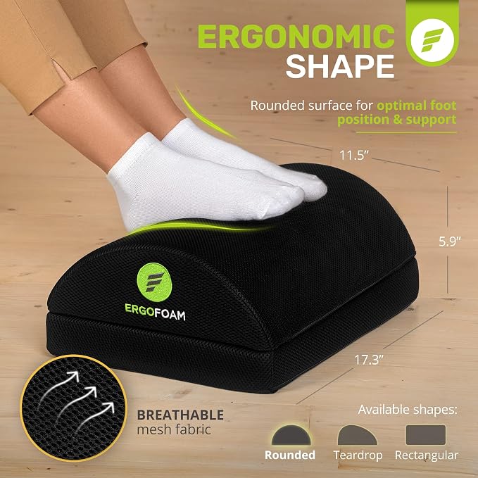 ErgoFoam Foot Rest for Under Desk at Work - Chiropractor Endorsed 2in1 Adjustable Premium Under Desk Footrest - Ergonomic Desk Foot Rest with High-Density Compression-Resistant Soft Foam (Black, Mesh)