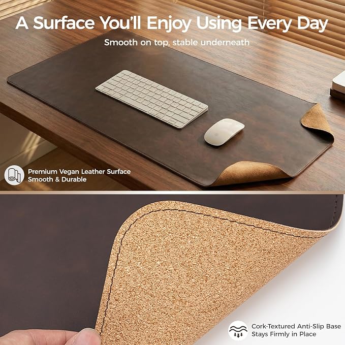 Premium Faux Leather Desk Mat & Tray Set，Innovative Cork-Look Printed Base，Gift Tube Packaging，Full-Desk Coverage，Non-Slip Desk Pad for Office Home（Espresso Brown）