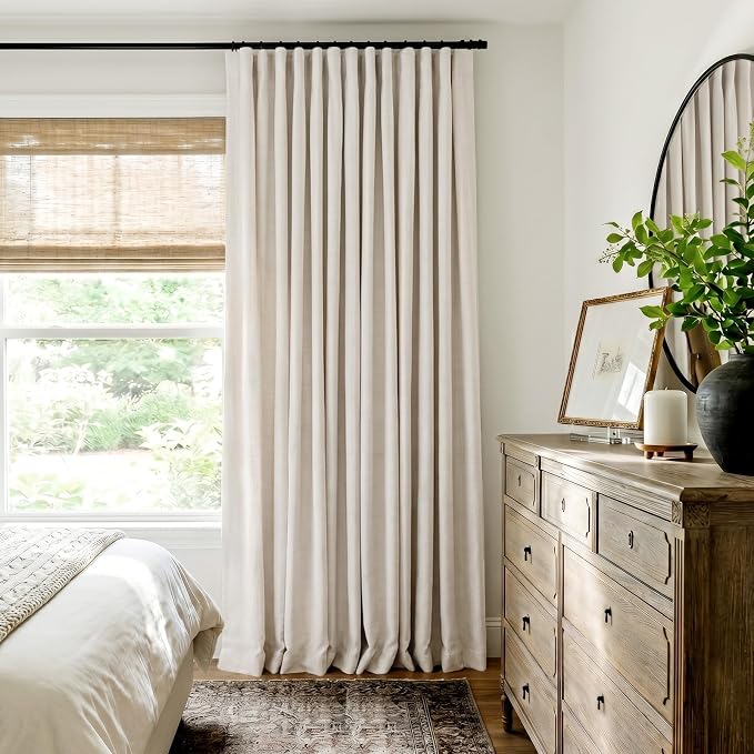 INOVADAY 100% Blackout Curtains for Sliding Glass Doors, 102 Inch Extra Wide Sliding Door Curtains, Clip Rings Linen Drapes, Thermal Insulated Room Darkening for Living Room, 1 Panel - Beige, W102xL84