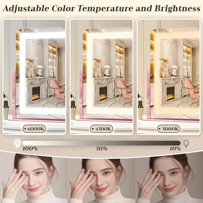 ROLOVE 22x16 Inch Pink Vanity Mirror with Lights，Dimmable LED Lights，3 Color Modes, Smart Touch Control，10X Magnification，Light up Makeup Mirror for Desk, Gift for Teen Girls