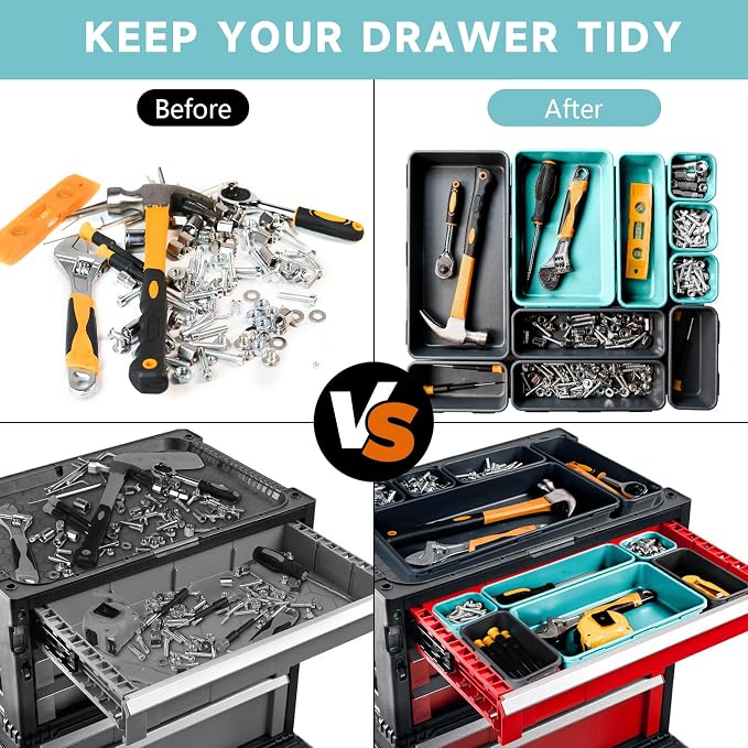 Tool Box Organizer Tray, 60 PCS & 5 Sizes, Black and Sky Blue | Sturdy ABS Plastic, Interlocking System, Craftsman Tool Desk Drawer Organizer for Storing Wrench Screwdrivers Hammer Nails