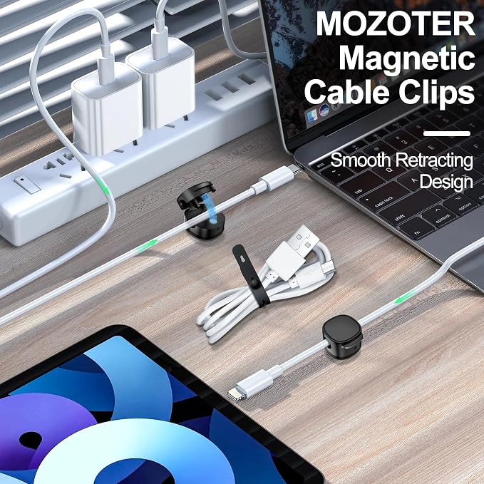 6 Pack,Magnetic Cable Clips & Silicon Cable Ties Cable Organizer | [Cable Smooth Adjustable Under Desk Organizer],Cable Management,Cord Holder-Desk Stand Holding,Adhesive Home Cable Keeper