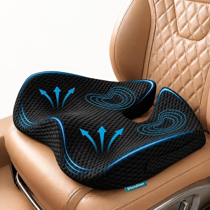SitCushion Car Seat Cushion for Long Driving – X Large Memory Foam Seat Cushion with Breathable 4D Mesh Cover, Sciatica & Tailbone Pain Relief, Orthopedic Coccyx Cushion for Car, Truck (Black)