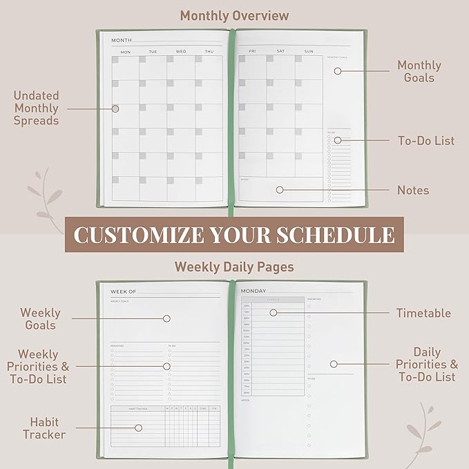 Rileys & Co Undated Daily Planner 8 x 6 in, Day Schedule Planner & Agenda Book, Journal with Goal & Habit Tracker, No Dates Dateless Annual Organizer for Work, School & Home - Green