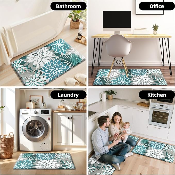 Arenarug Kitchen Mats for Floor 2PCS Cushioned Anti Fatigue Kitchen Mats Waterproof Non Slip Kitchen Mat Rug Set Comfort Foam Standing Mat for Sink, Laundry, Office,17.3" x 28" + 17.3" x 59", Teal