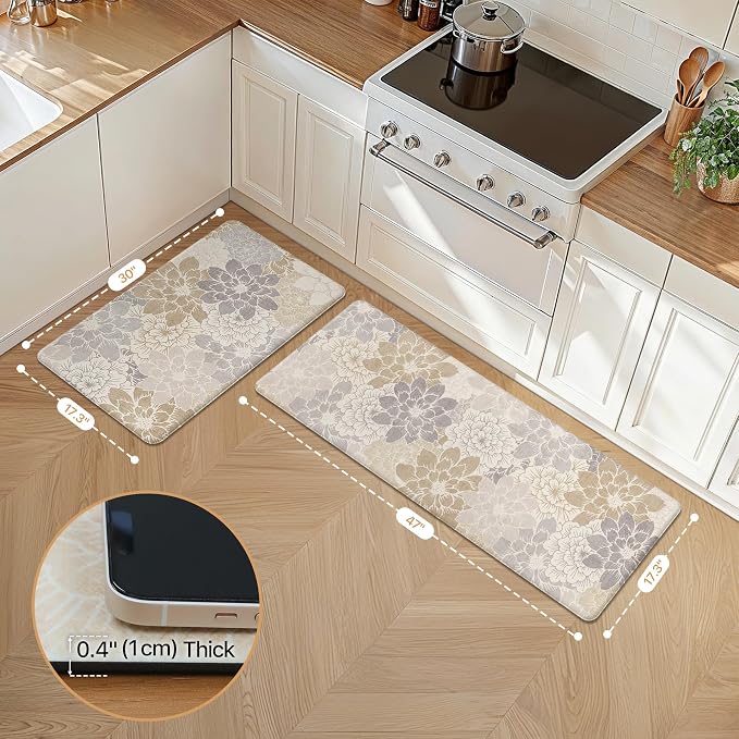 GENIMO Anti Fatigue Kitchen Mats for Floor 2PCS, Cushioned Standing Mats | 17.3"x47"&17.3"x30", Milky White vintage floral rug set, waterproof, non slip, easy-clean for farmhouse